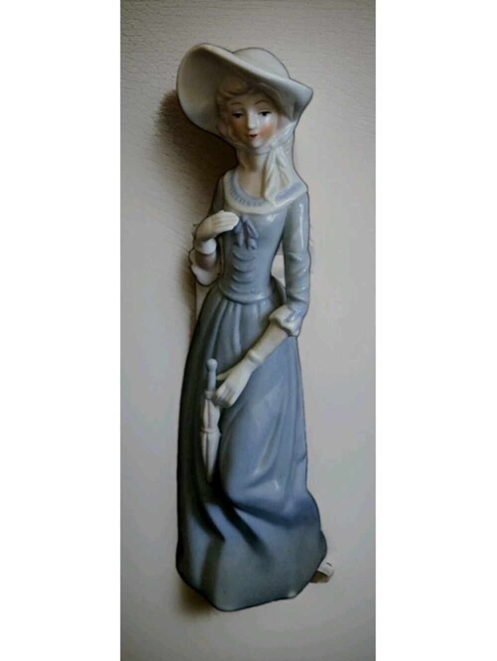 Ceramic Vintage Porcelain Figurine Lovely Lady Blue Dress Holding umbrella 12"